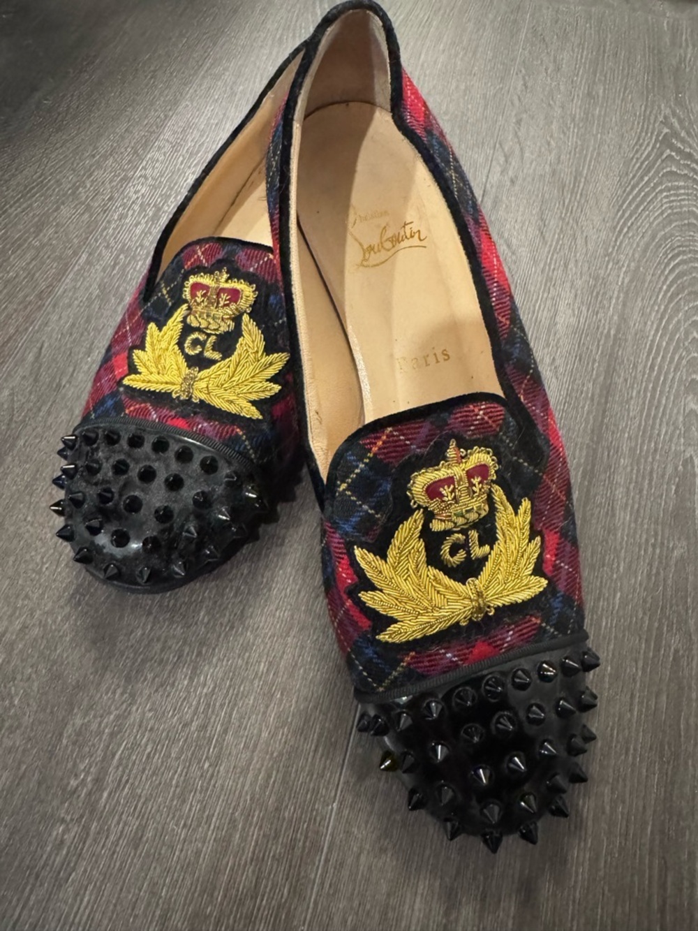Christian Louboutin Black & Red Plaid Studded Crest Loafers